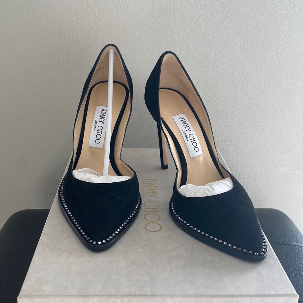 JIMMY CHOO
BABETTE 100 WOMENS SUEDE EMBELLISHED D'ORSAY HEELS